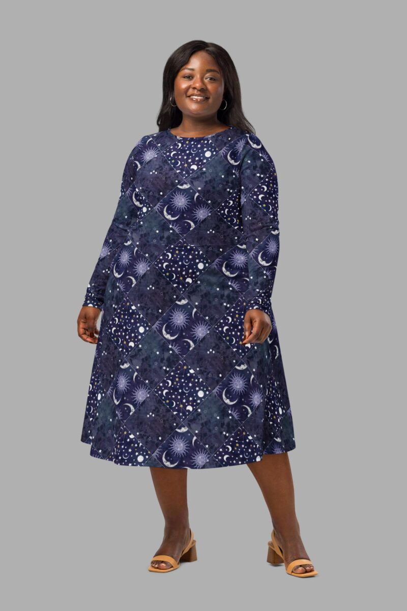 cosmic drifters celestial patchwork midi dress front