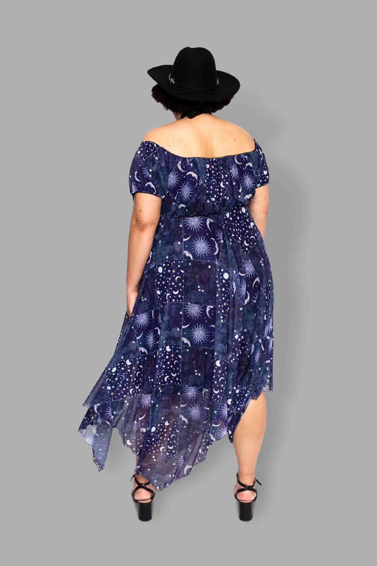 cosmic drifters celestial patchwork print mesh dress back
