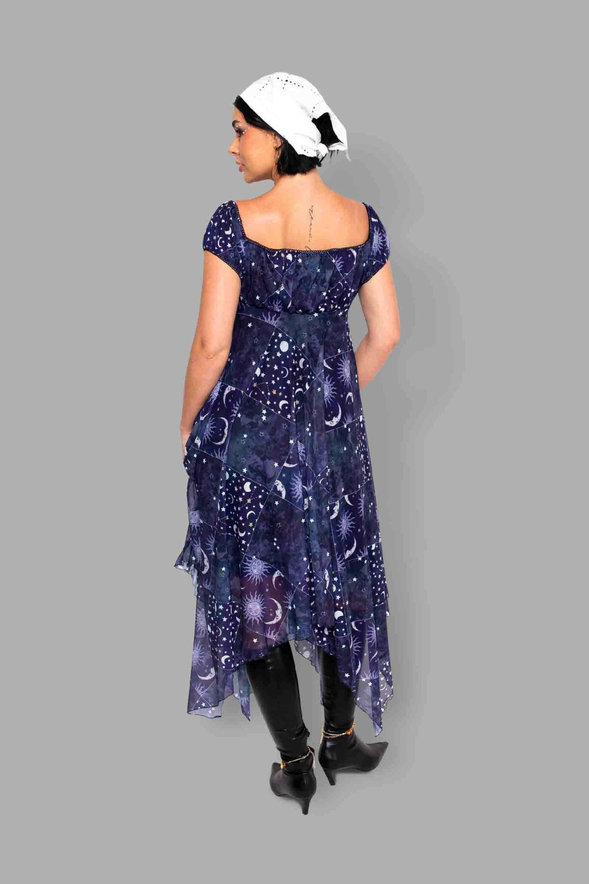 cosmic drifters celestial patchwork print mesh dress back2