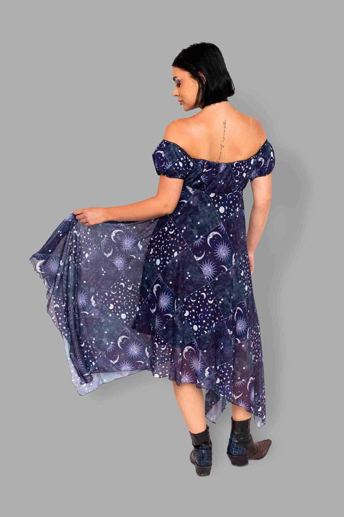 cosmic drifters celestial patchwork print mesh dress back3