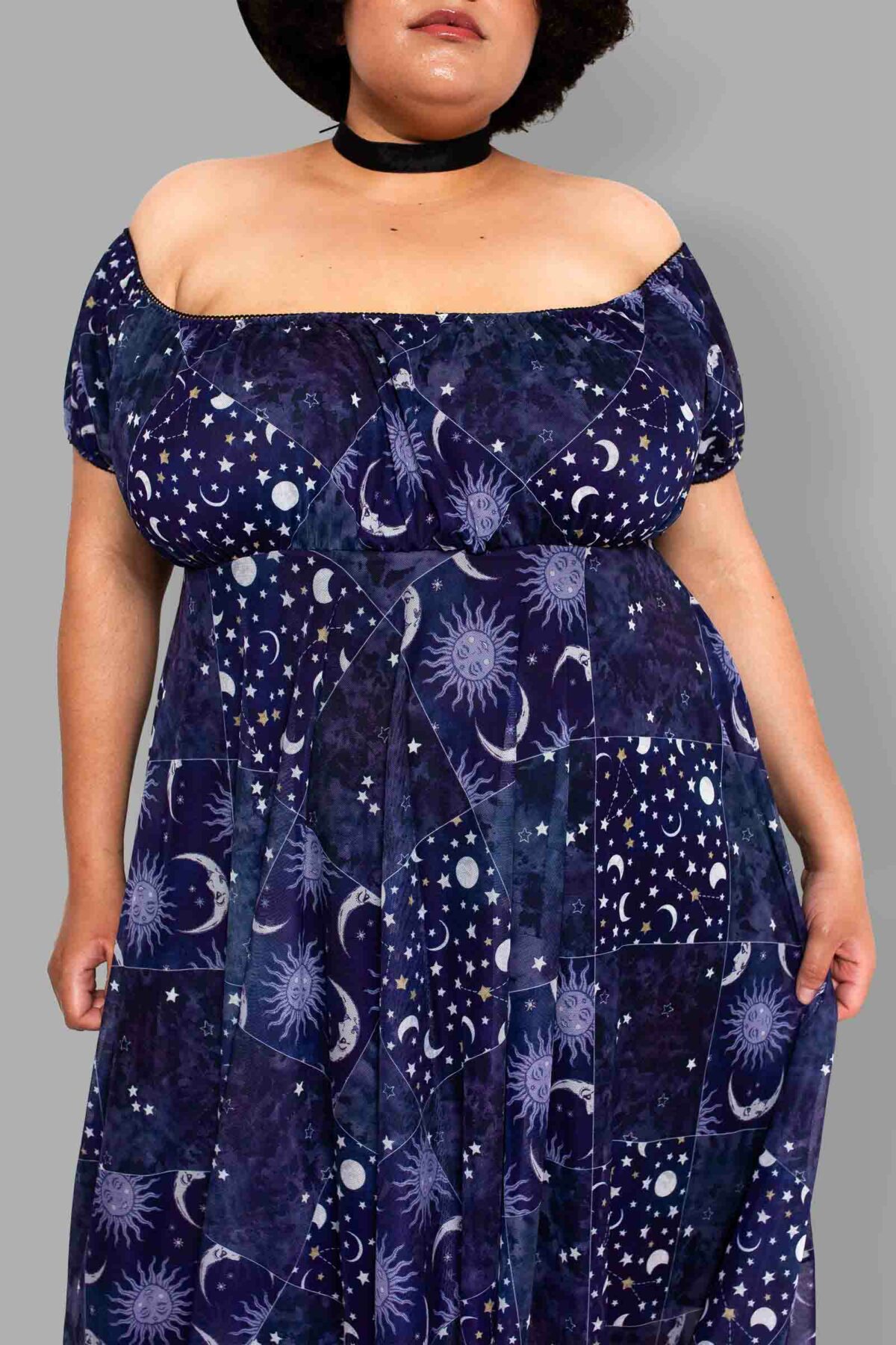 cosmic drifters celestial patchwork print mesh dress close