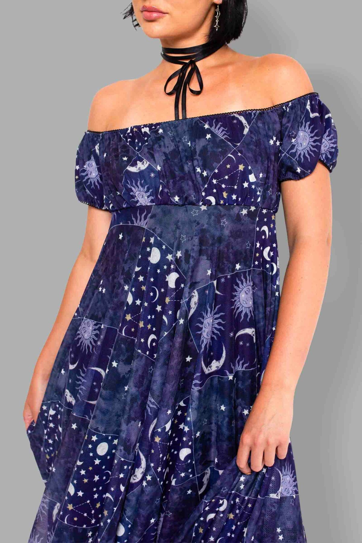 cosmic drifters celestial patchwork print mesh dress close2