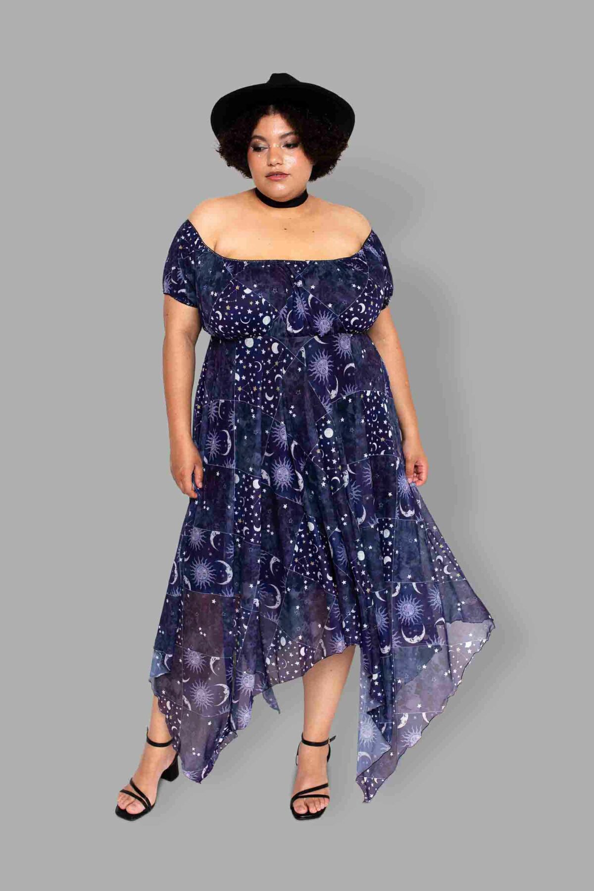 cosmic drifters celestial patchwork print mesh dress front