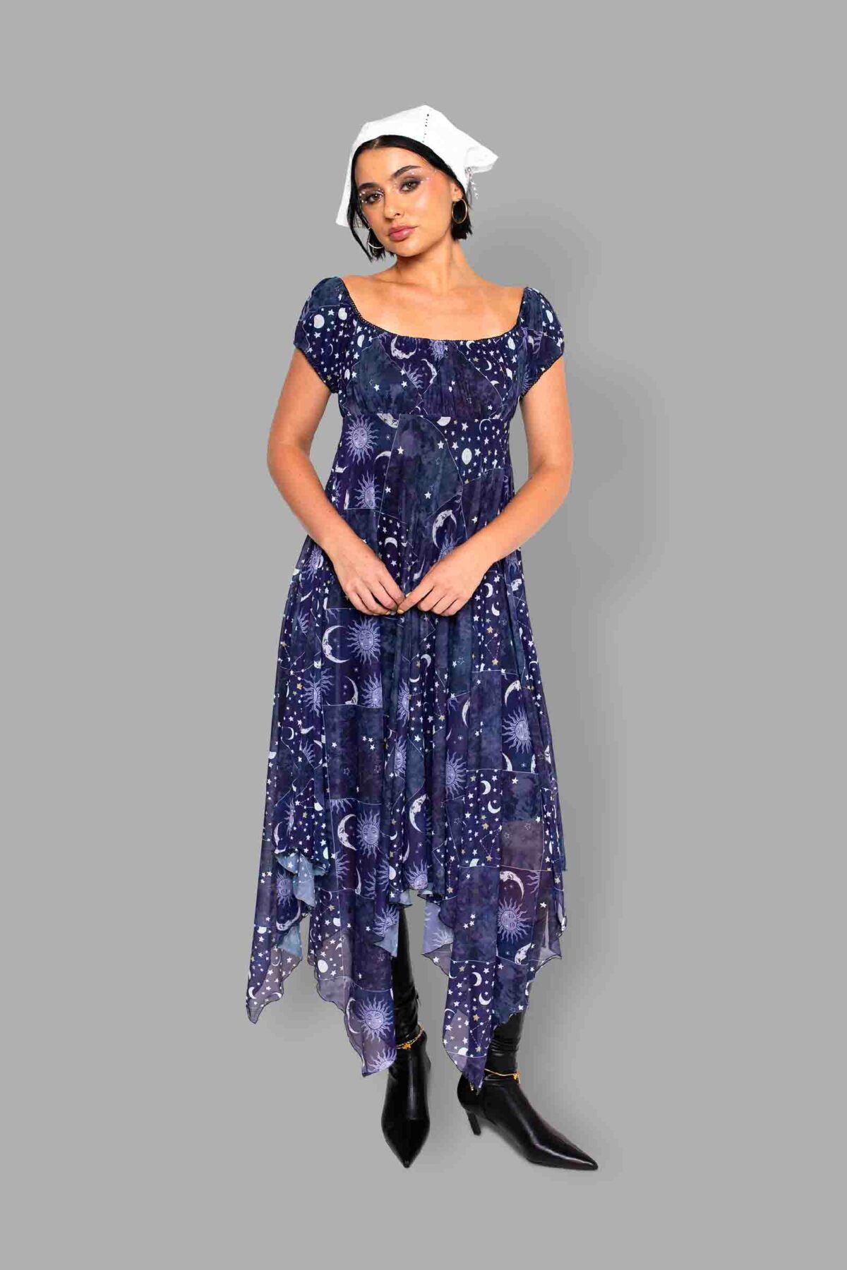 cosmic drifters celestial patchwork print mesh dress front2