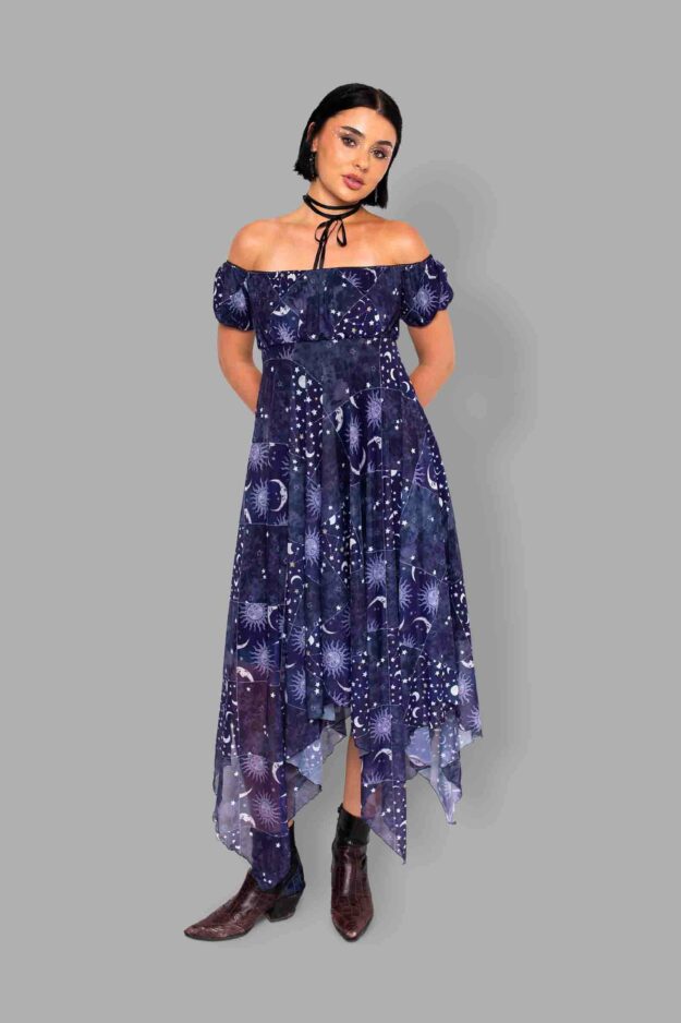 cosmic drifters celestial patchwork print mesh dress front3