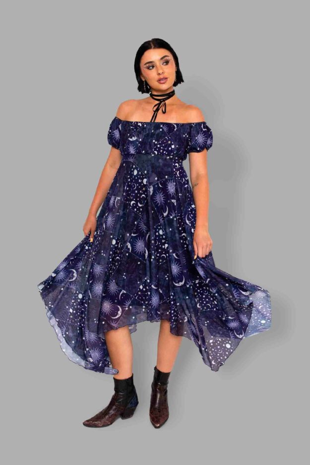 cosmic drifters celestial patchwork print mesh dress front4