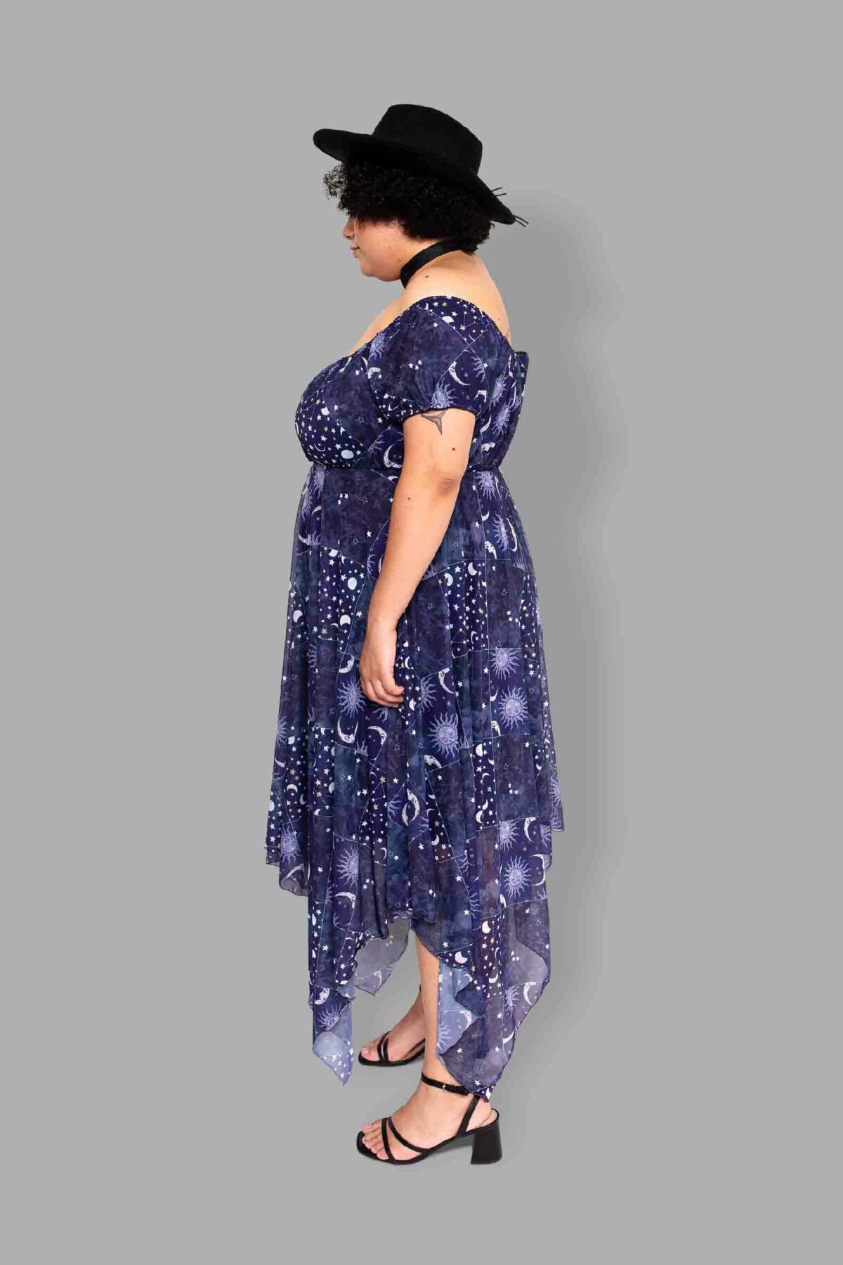 cosmic drifters celestial patchwork print mesh dress side