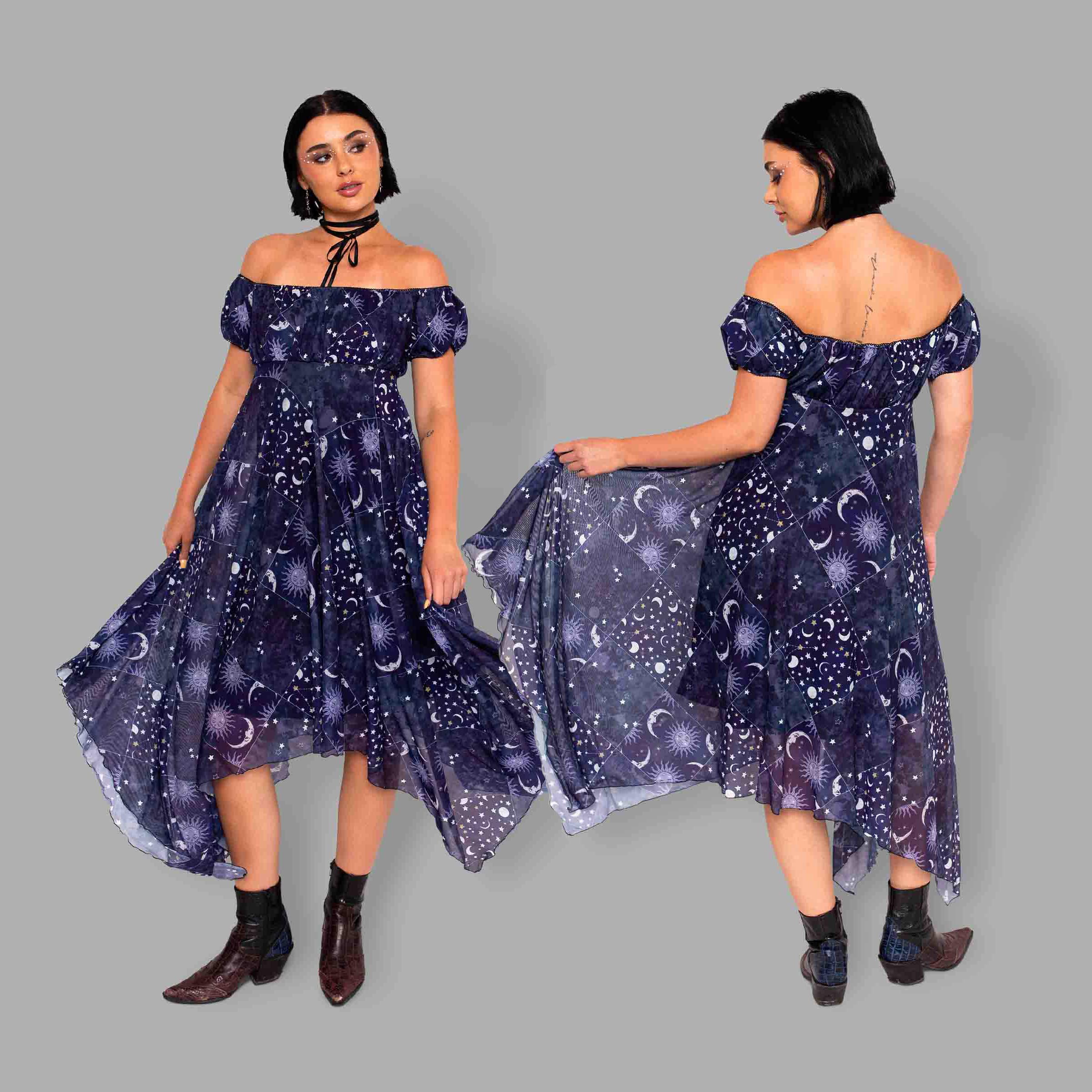 cosmic drifters celestial patchwork print mesh dress
