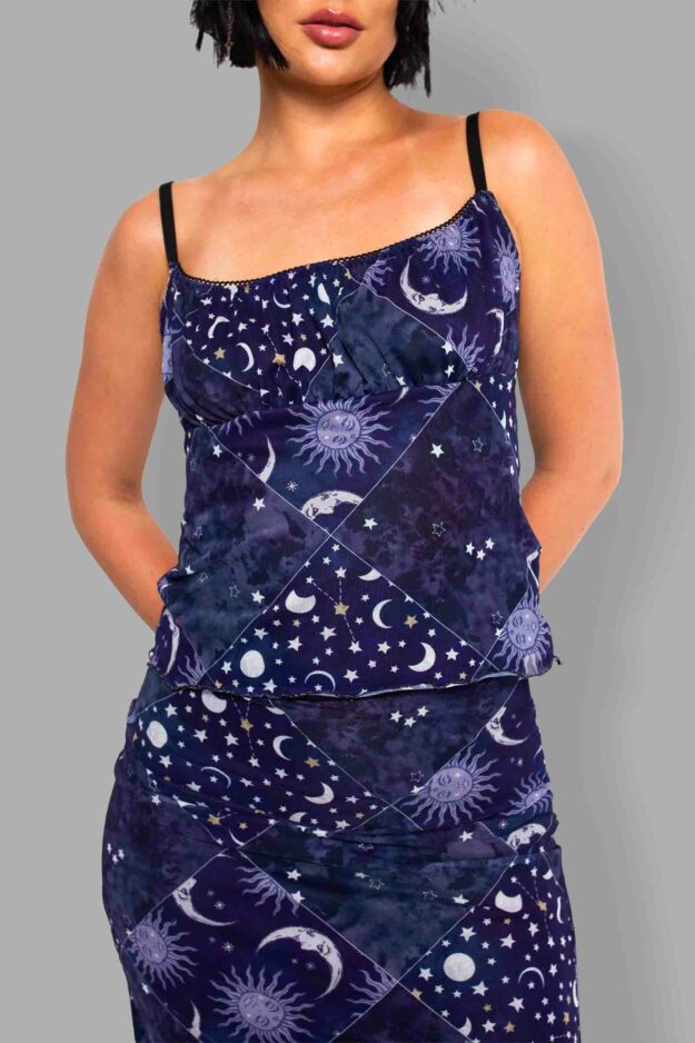 cosmic drifters celestial patchwork print mesh top close2