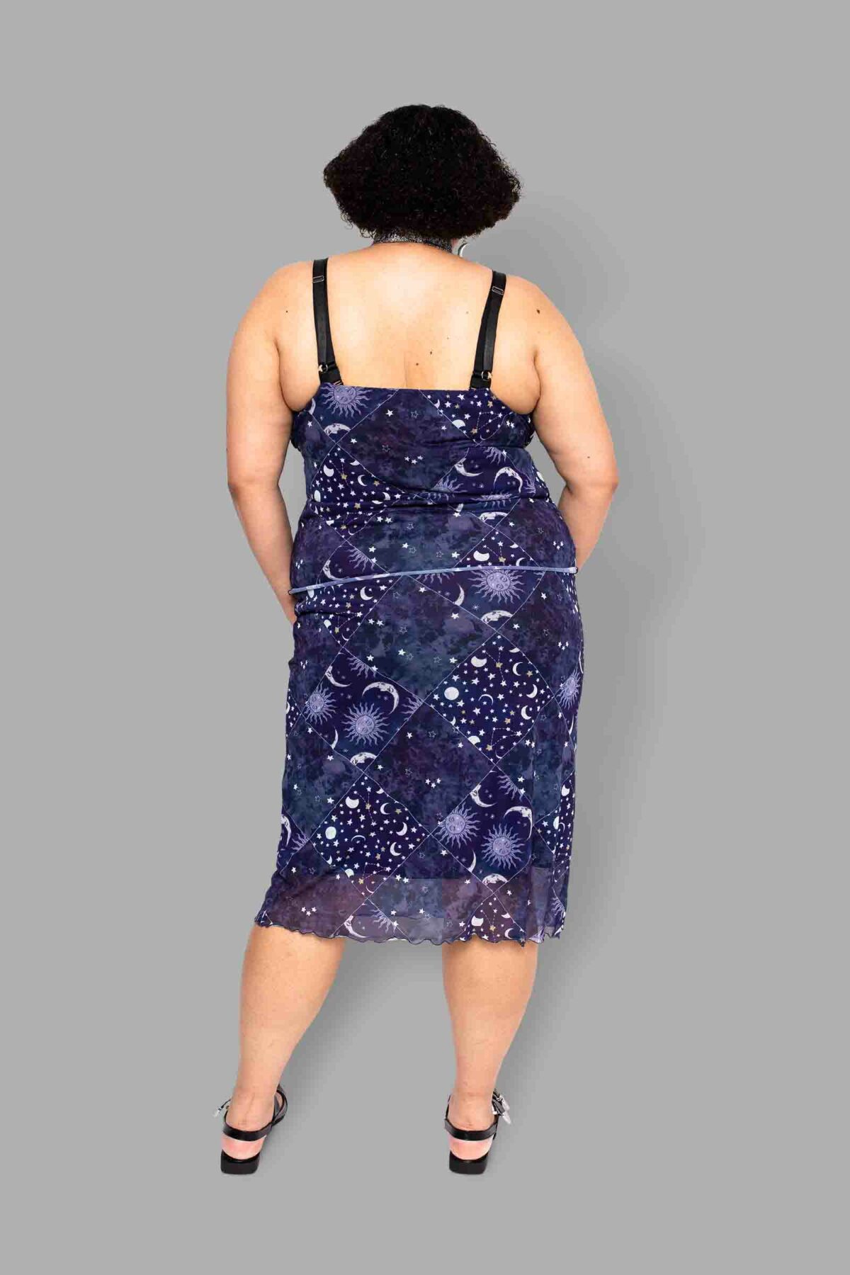cosmic drifters celestial patchwork print mesh top skirt back