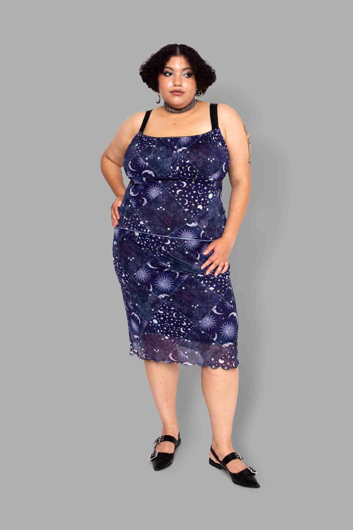 cosmic drifters celestial patchwork print mesh top skirt front