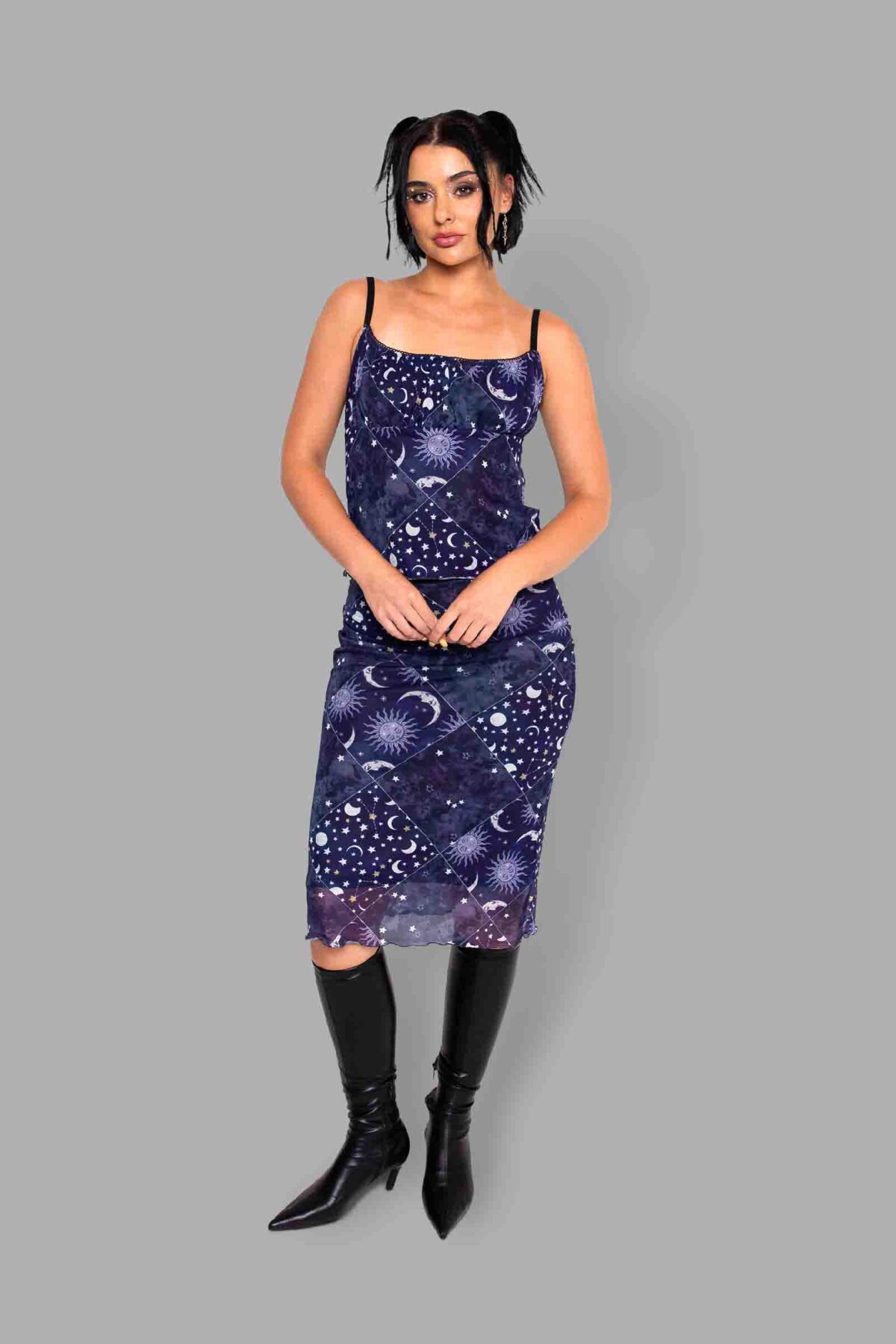 cosmic drifters celestial patchwork print mesh top skirt front2