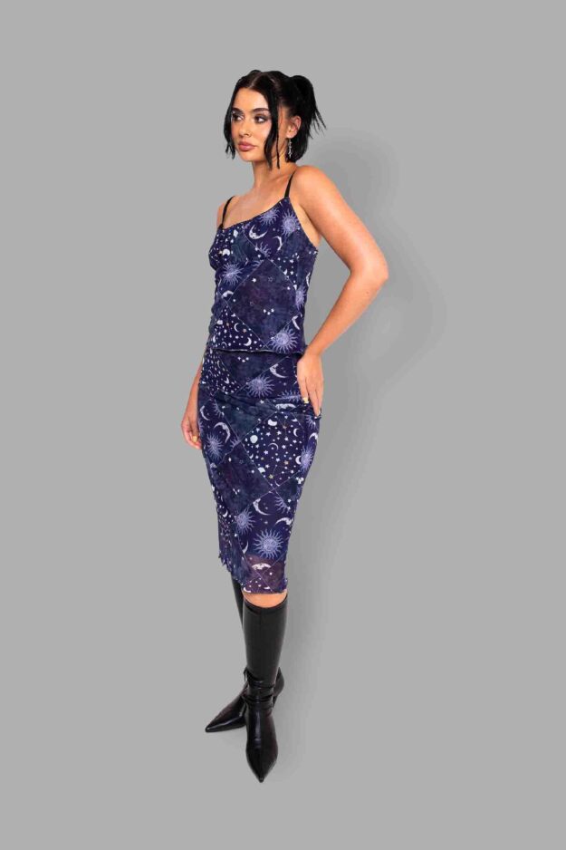 cosmic drifters celestial patchwork print mesh top skirt side2