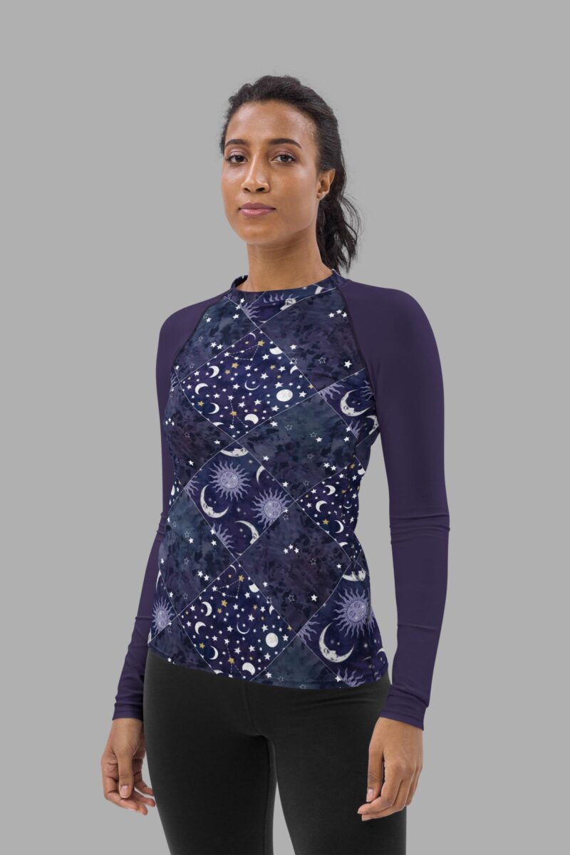 cosmic drifters celestial patchwork print rash guard front2
