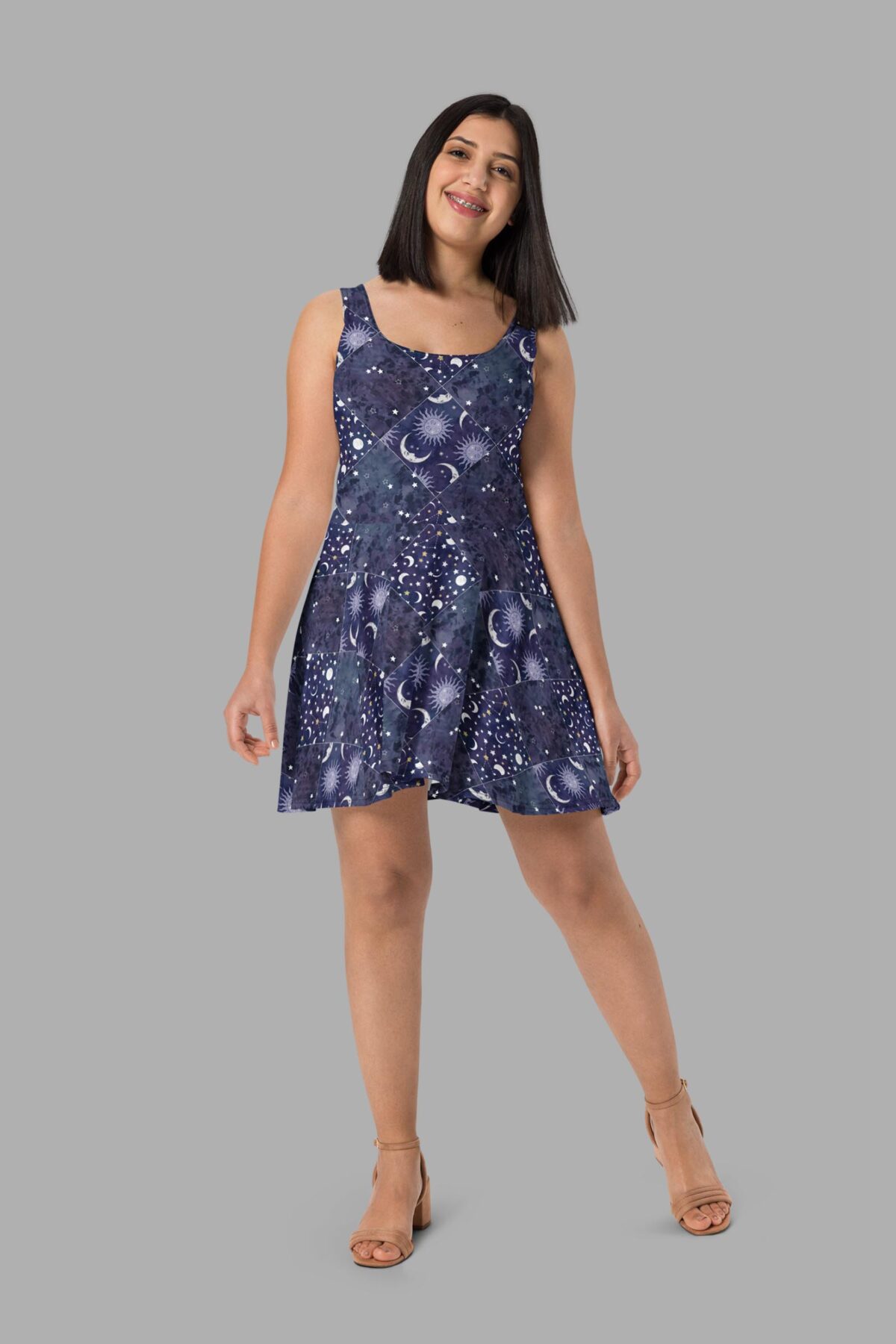 cosmic drifters celestial patchwork print skater dress front