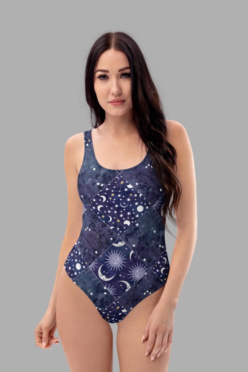 cosmic drifters celestial patchwork print swimsuit front