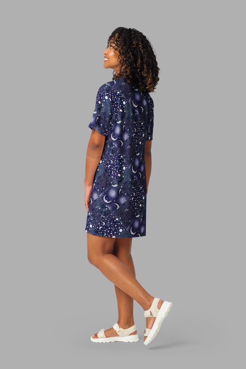 cosmic drifters celestial patchwork print t shirt dress side