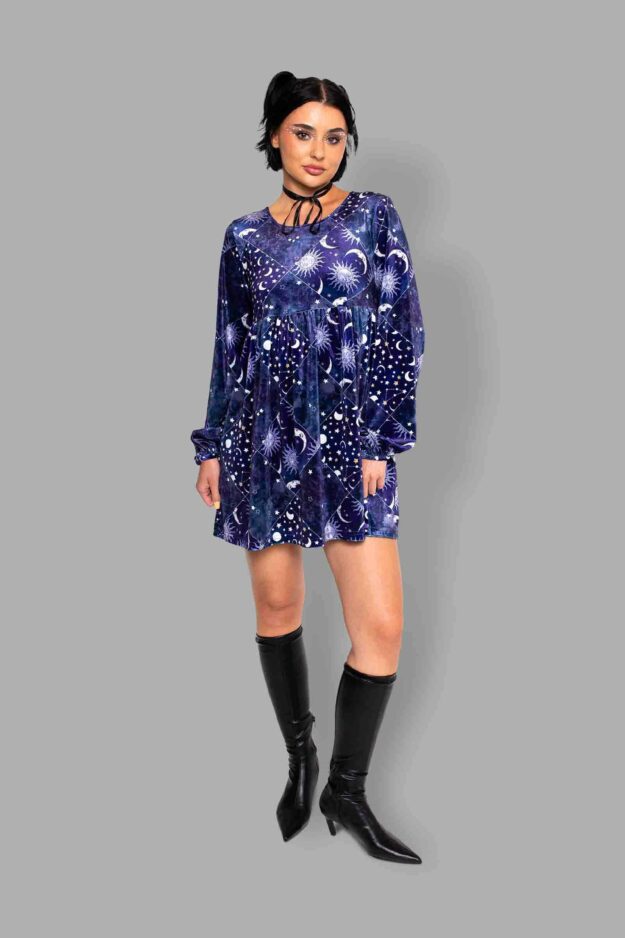 cosmic drifters celestial patchwork print velvet dress front