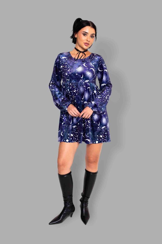 cosmic drifters celestial patchwork print velvet dress front2