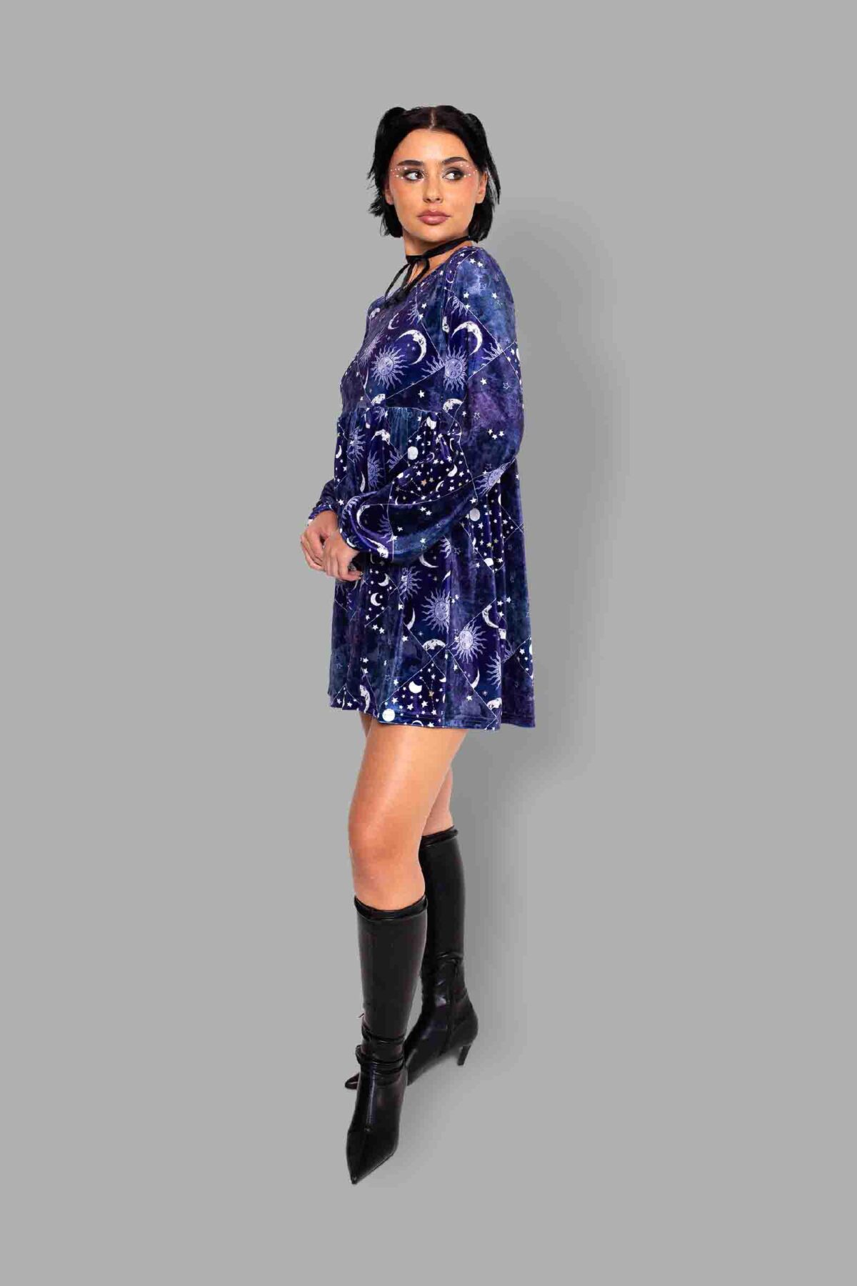 cosmic drifters celestial patchwork print velvet dress side