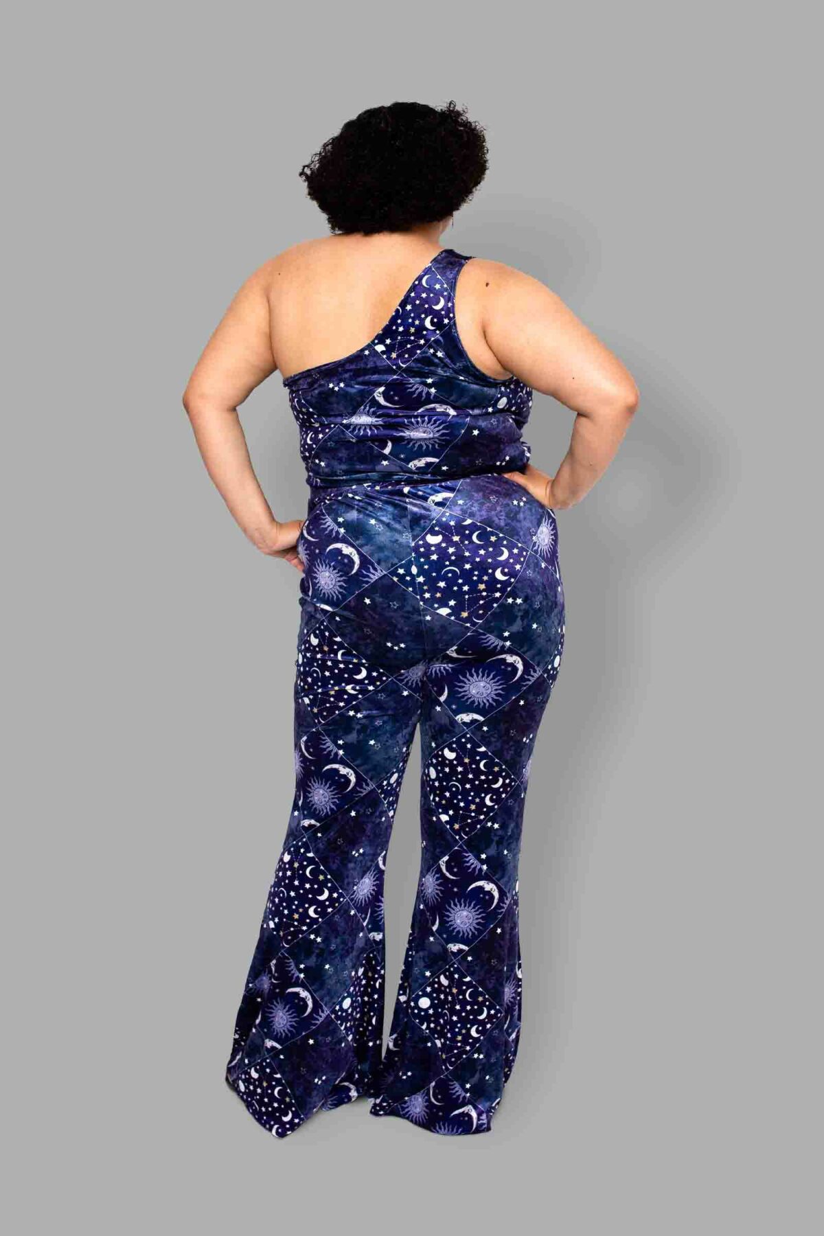 cosmic drifters celestial patchwork print velvet flares back