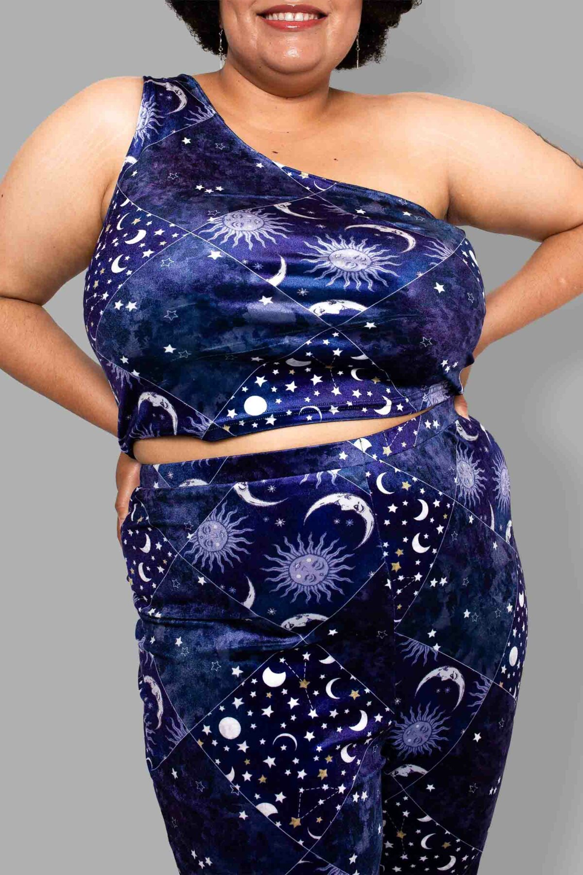 cosmic drifters celestial patchwork print velvet flares close