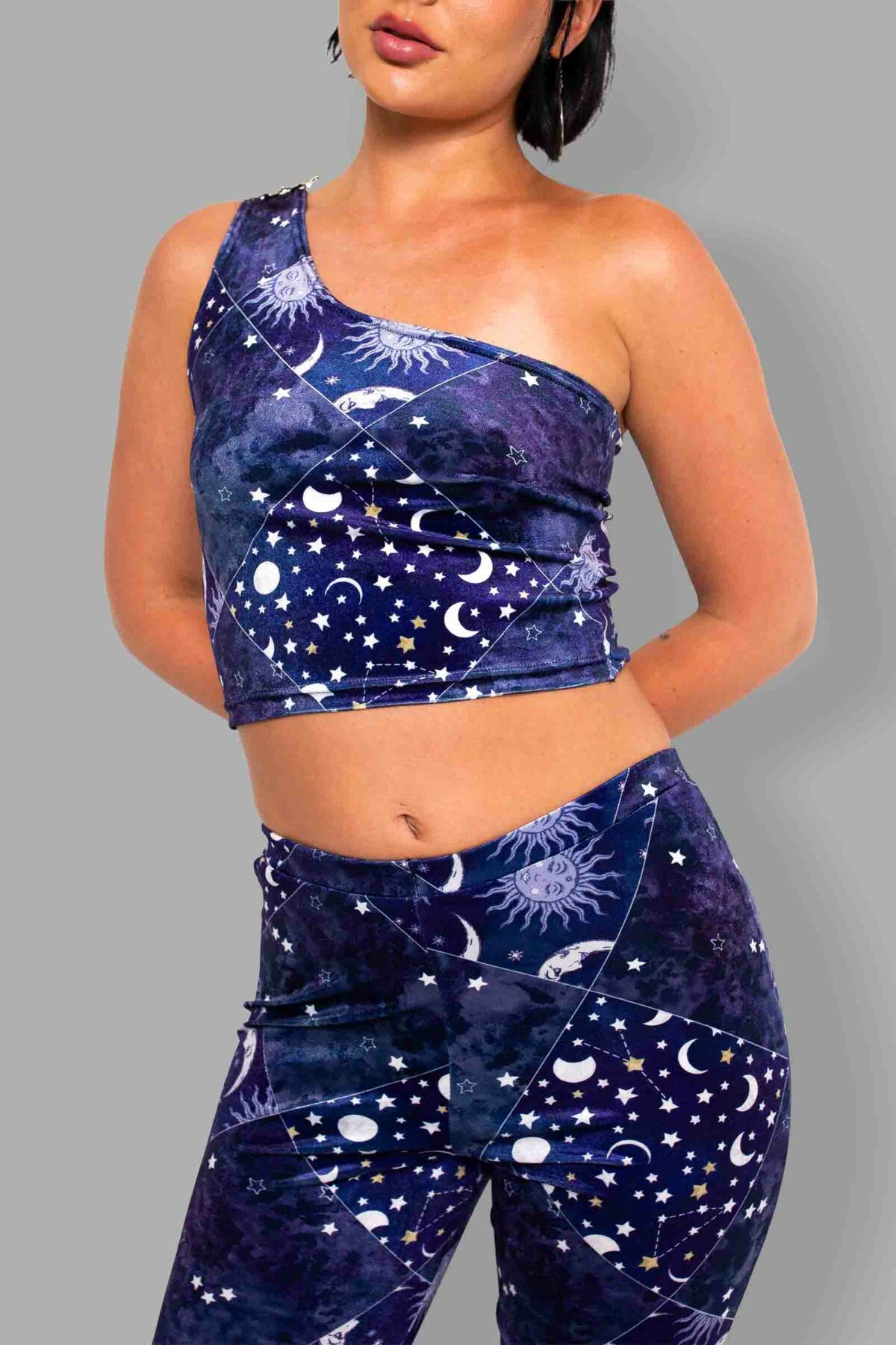 cosmic drifters celestial patchwork print velvet flares close2