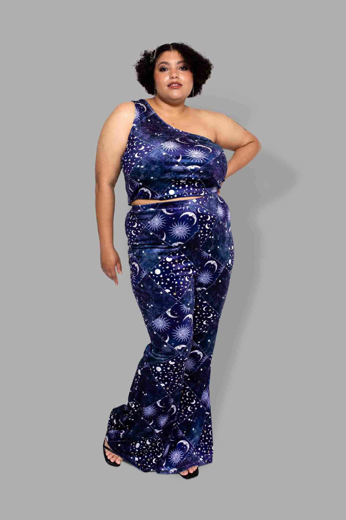 cosmic drifters celestial patchwork print velvet flares front