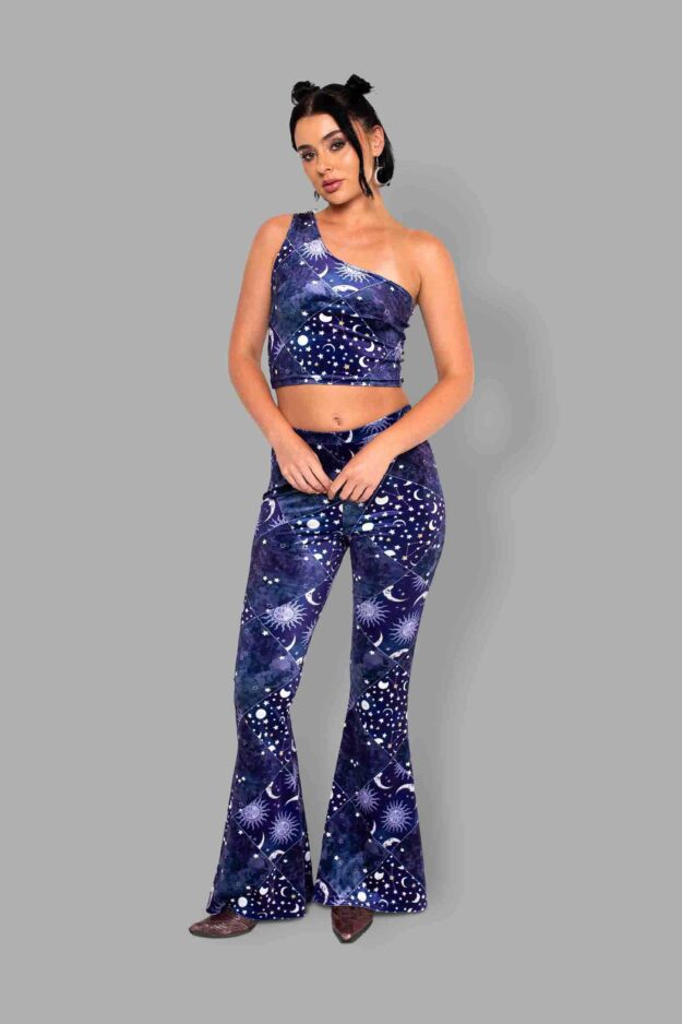 cosmic drifters celestial patchwork print velvet flares front2