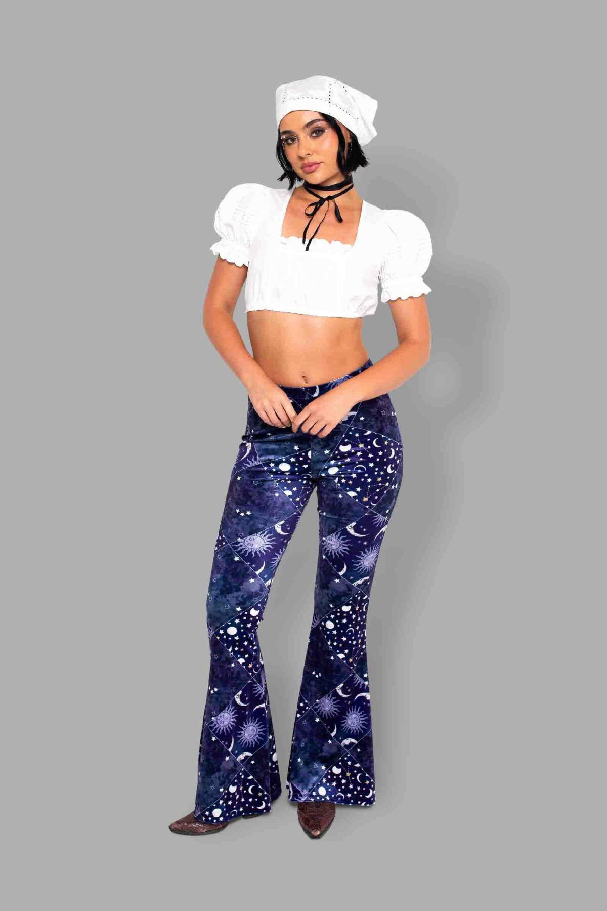 cosmic drifters celestial patchwork print velvet flares front3