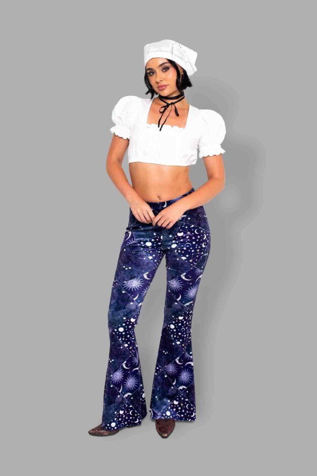 cosmic drifters celestial patchwork print velvet flares front3