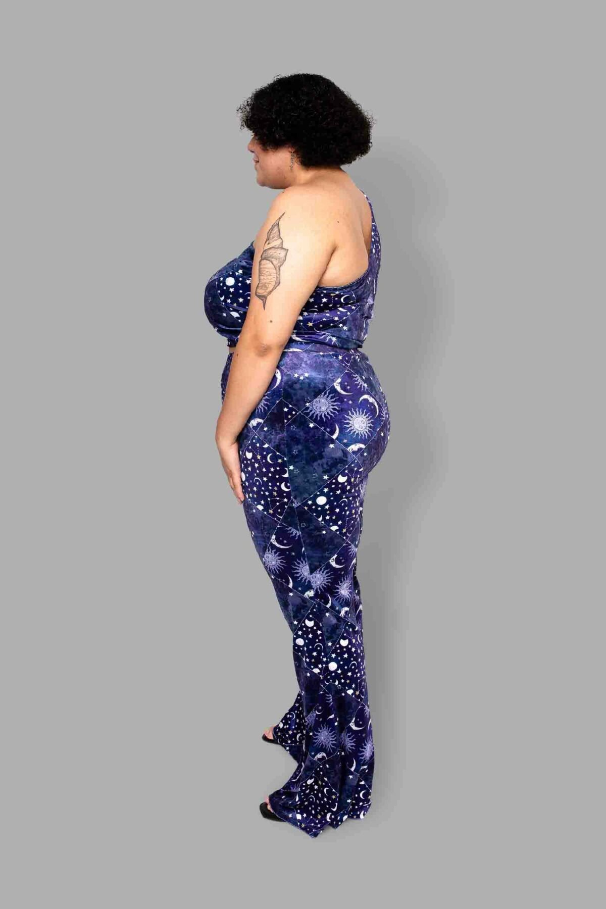 cosmic drifters celestial patchwork print velvet flares side