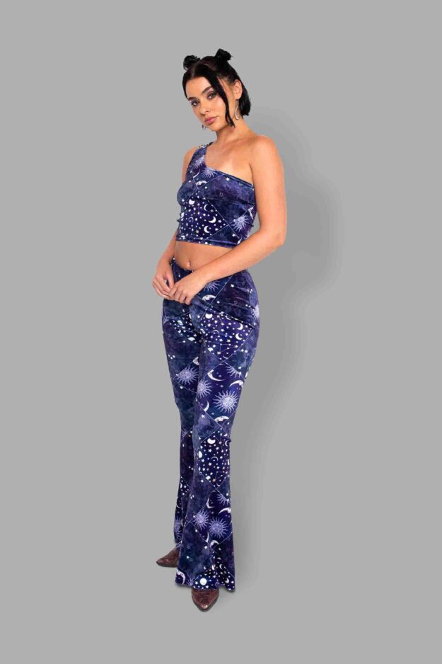 cosmic drifters celestial patchwork print velvet flares side2