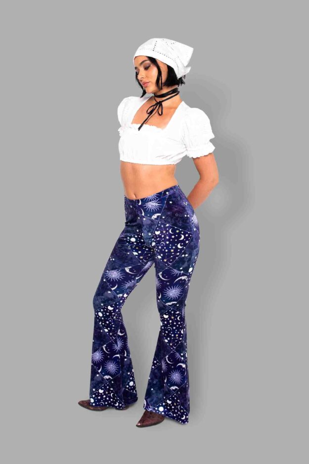 cosmic drifters celestial patchwork print velvet flares side3
