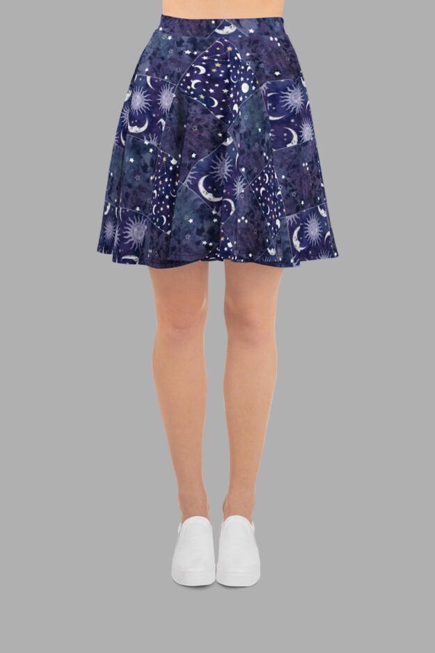 cosmic drifters celestial patchwork skater skirt front