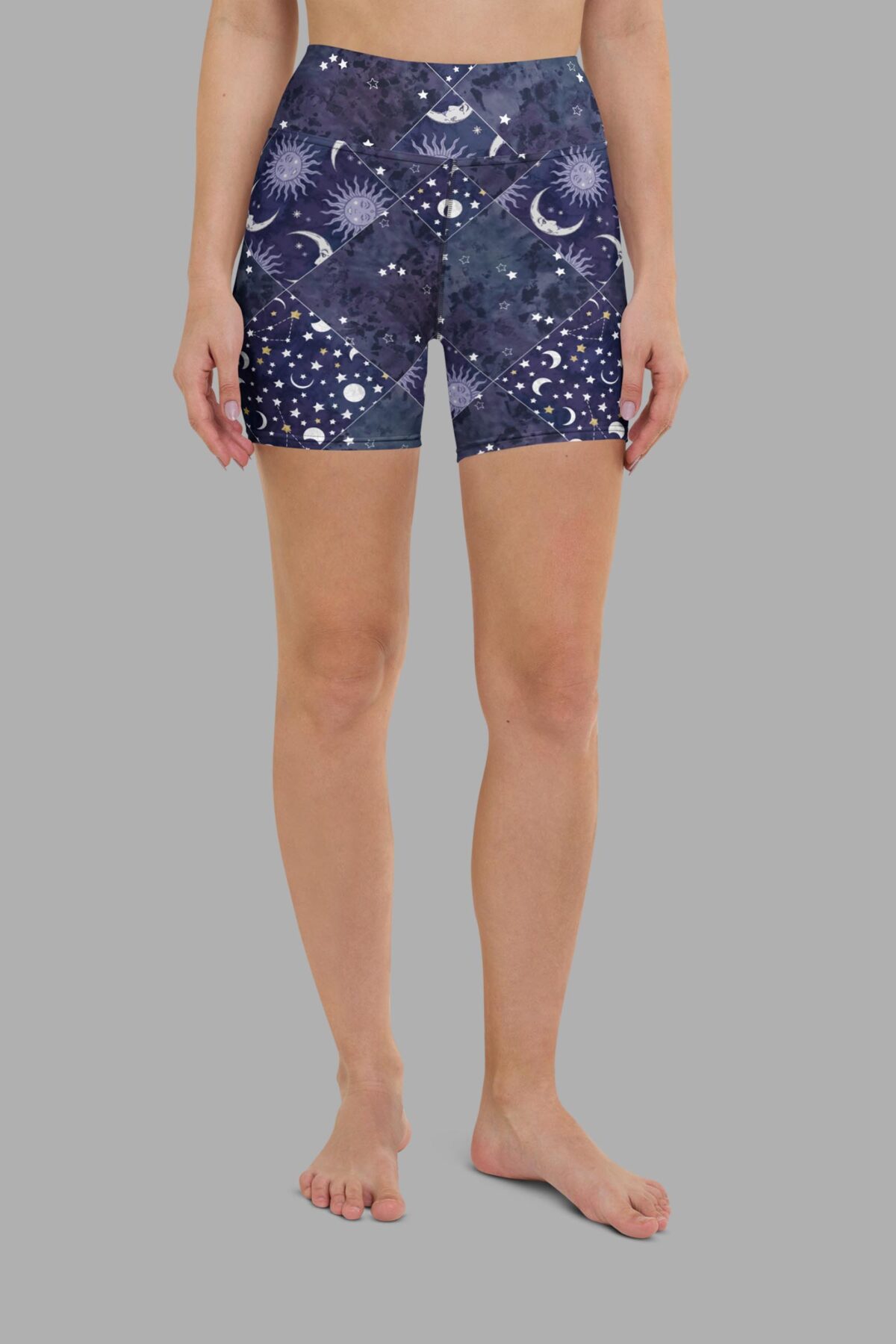 cosmic drifters celestial patchwork yoga shorts front