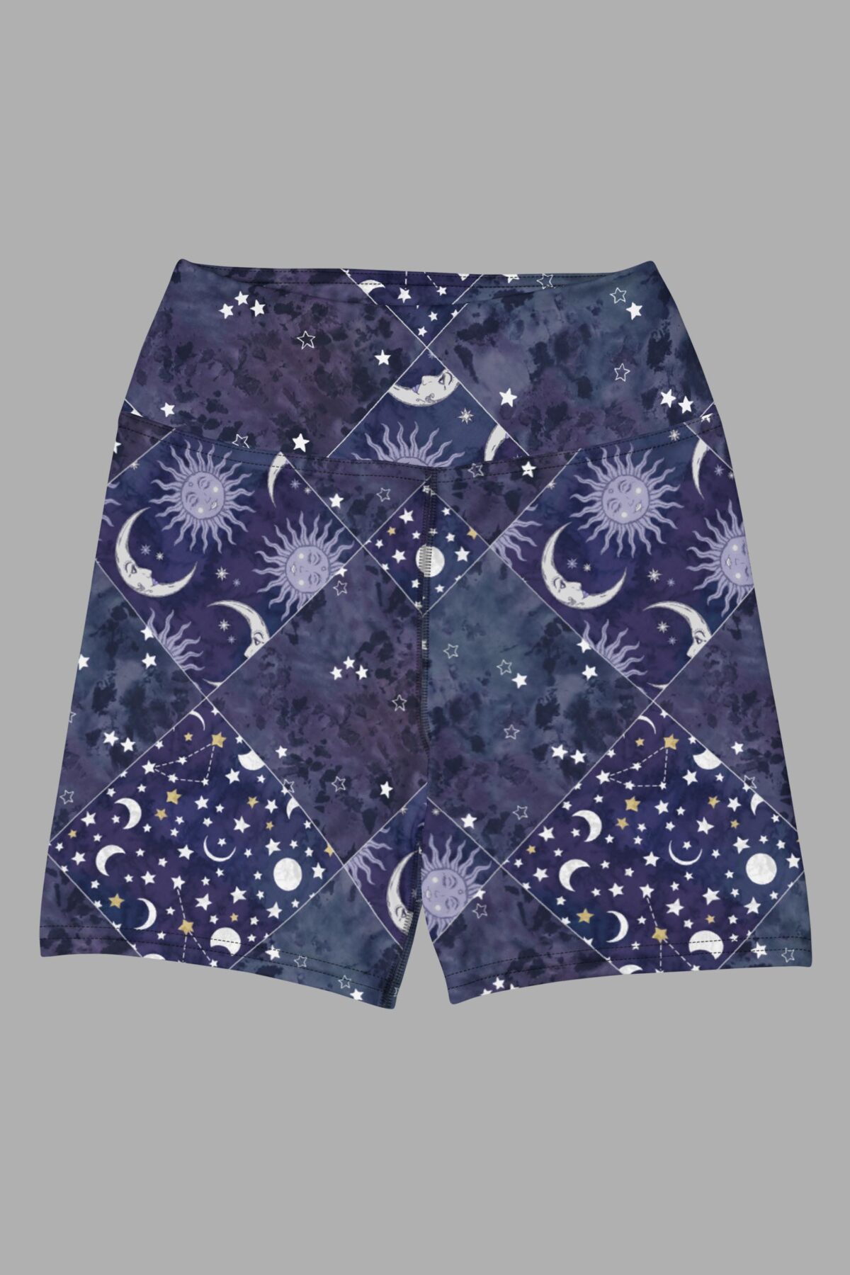 cosmic drifters celestial patchwork yoga shorts front2