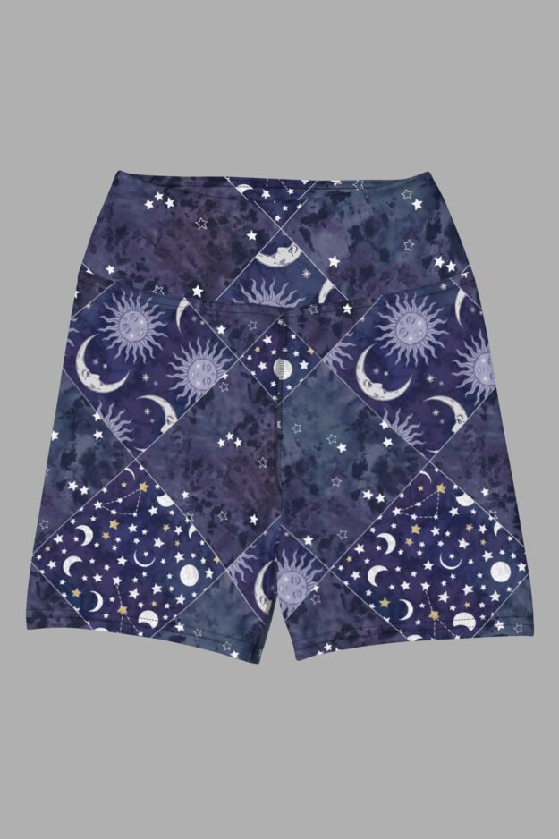 cosmic drifters celestial patchwork yoga shorts front2