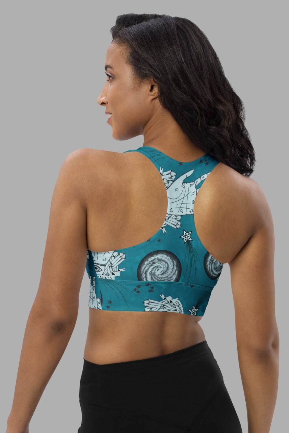cosmic drifters clairvoyant print print longline sports bra back