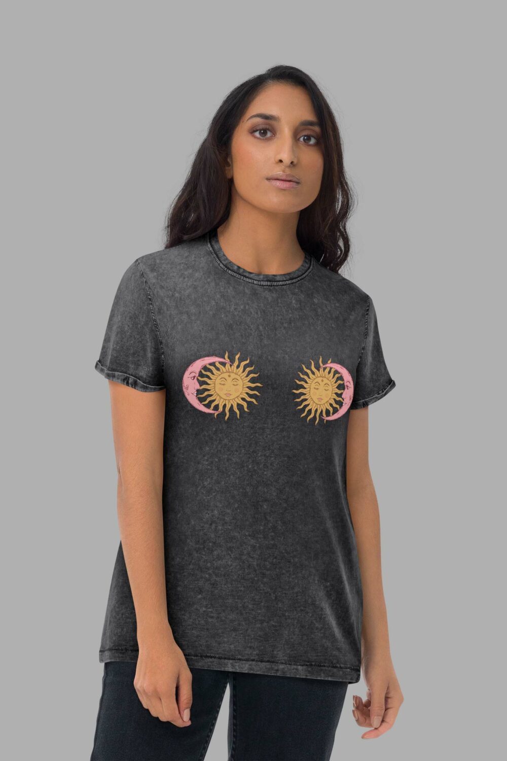 cosmic drifters cosmic tiddies unisex denim t shirt black front