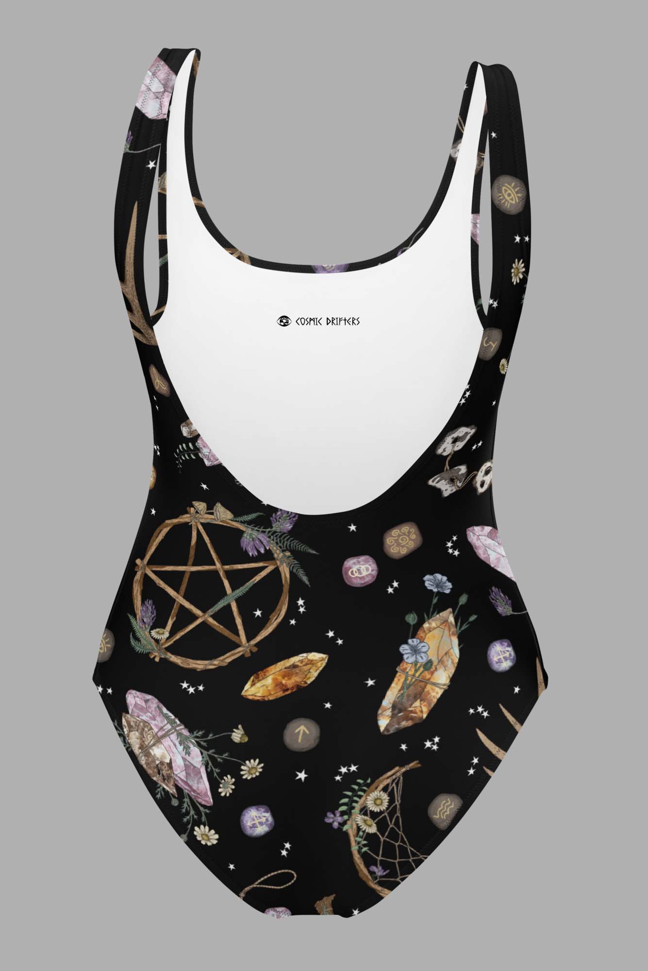 cosmic drifters earth witch print one piece swimsuit back