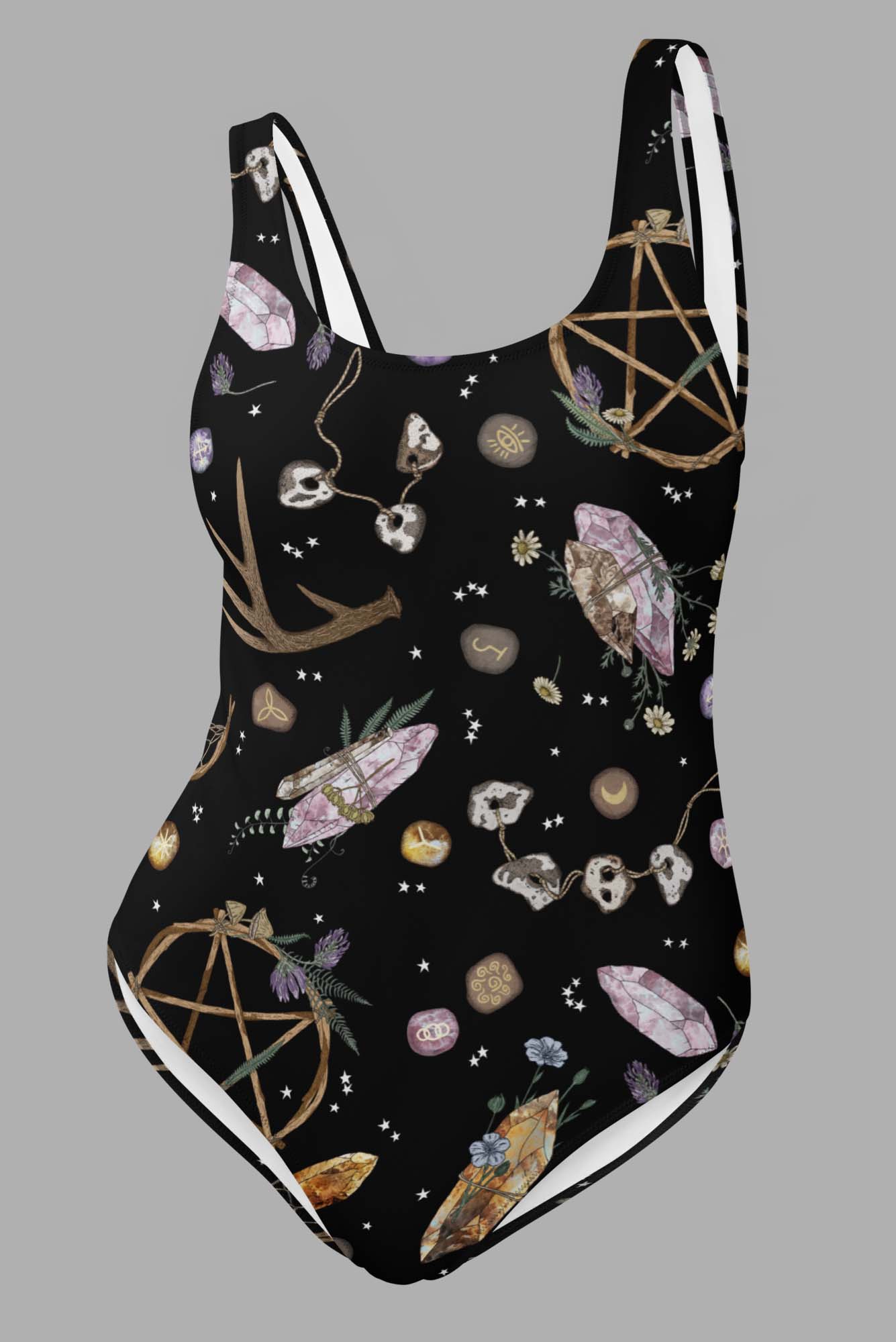 cosmic drifters earth witch print one piece swimsuit front