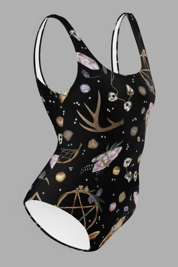 cosmic drifters earth witch print one piece swimsuit side