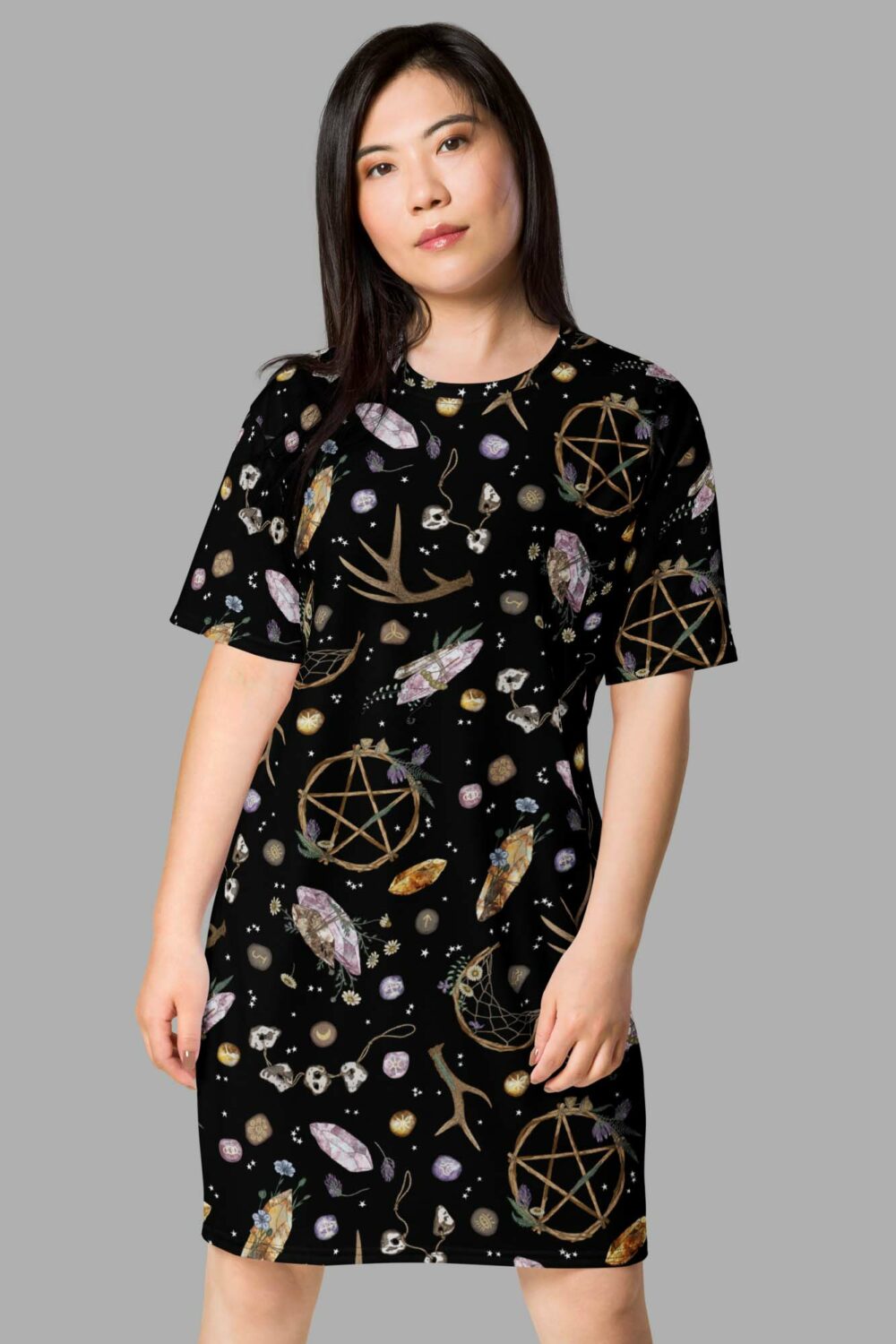 cosmic drifters earth witch print t shirt dress front2