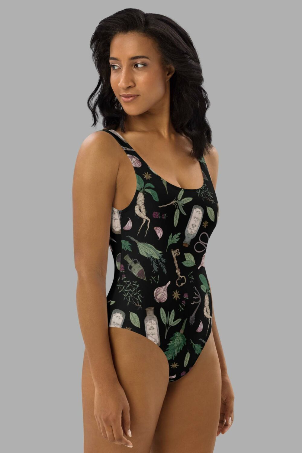 cosmic drifters forest witch print one piece swimsuit side
