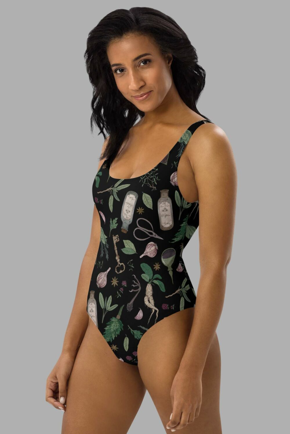 cosmic drifters forest witch print one piece swimsuit side2