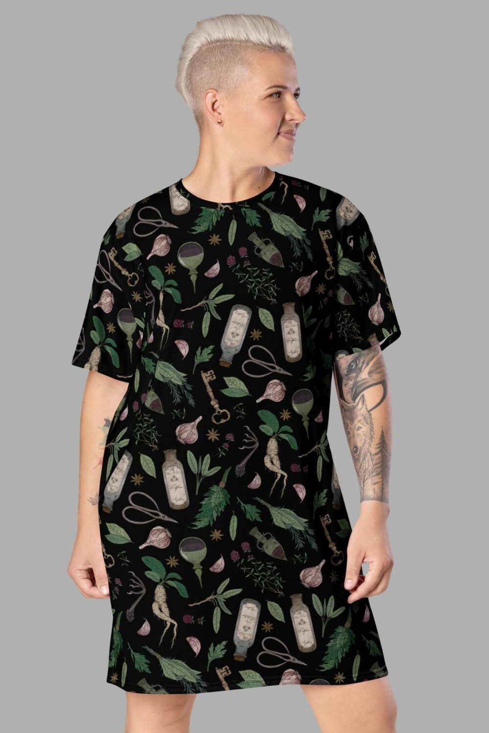 cosmic drifters forest witch print t shirt dress front