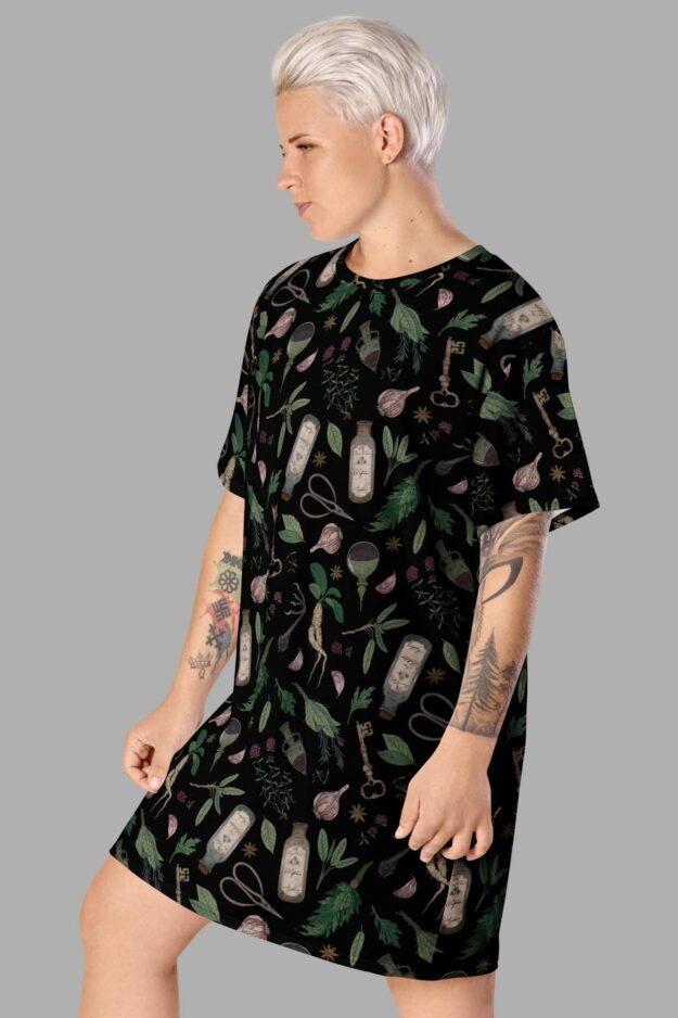 cosmic drifters forest witch print t shirt dress side