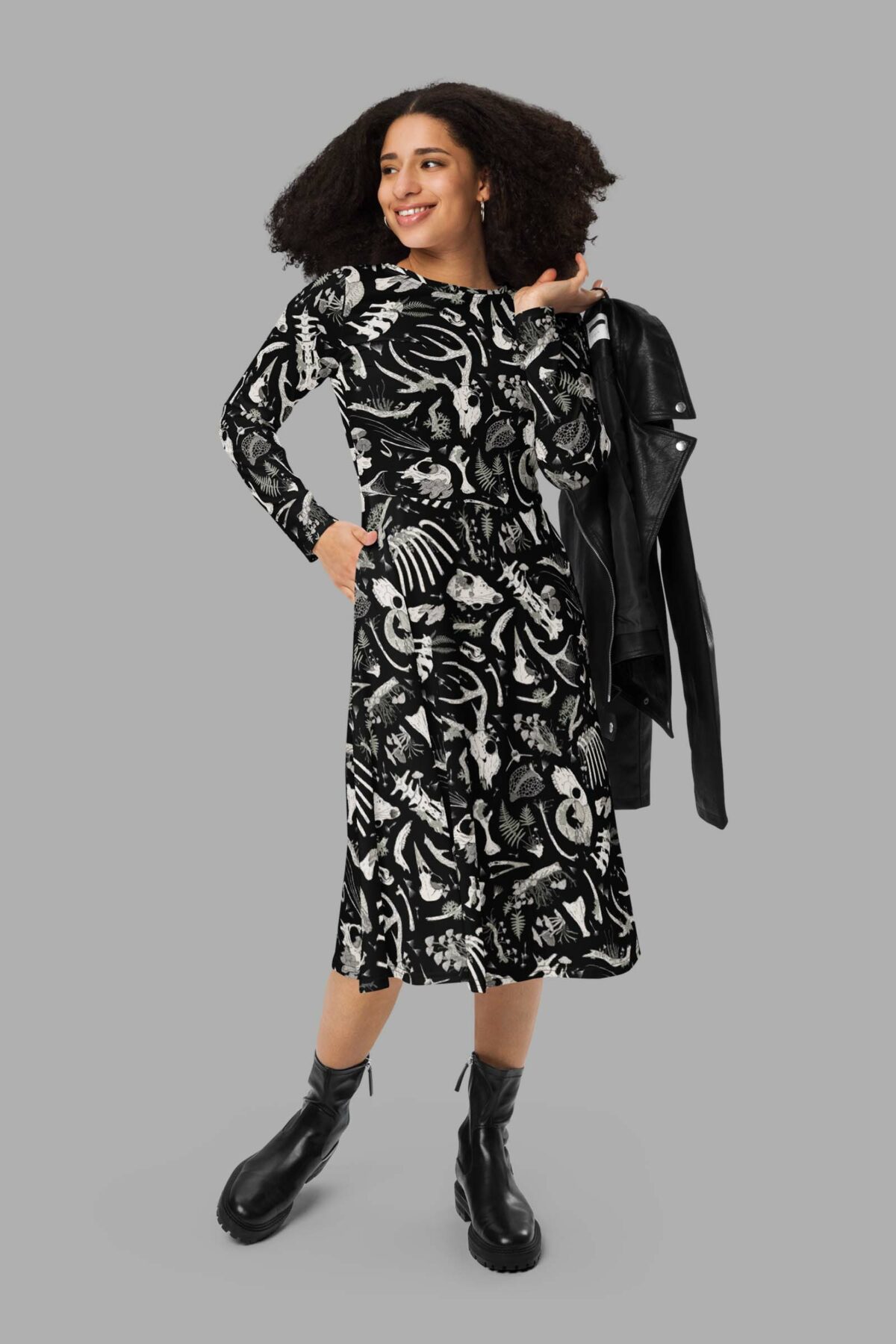 cosmic drifters fungalis print long sleeve midi dress 1