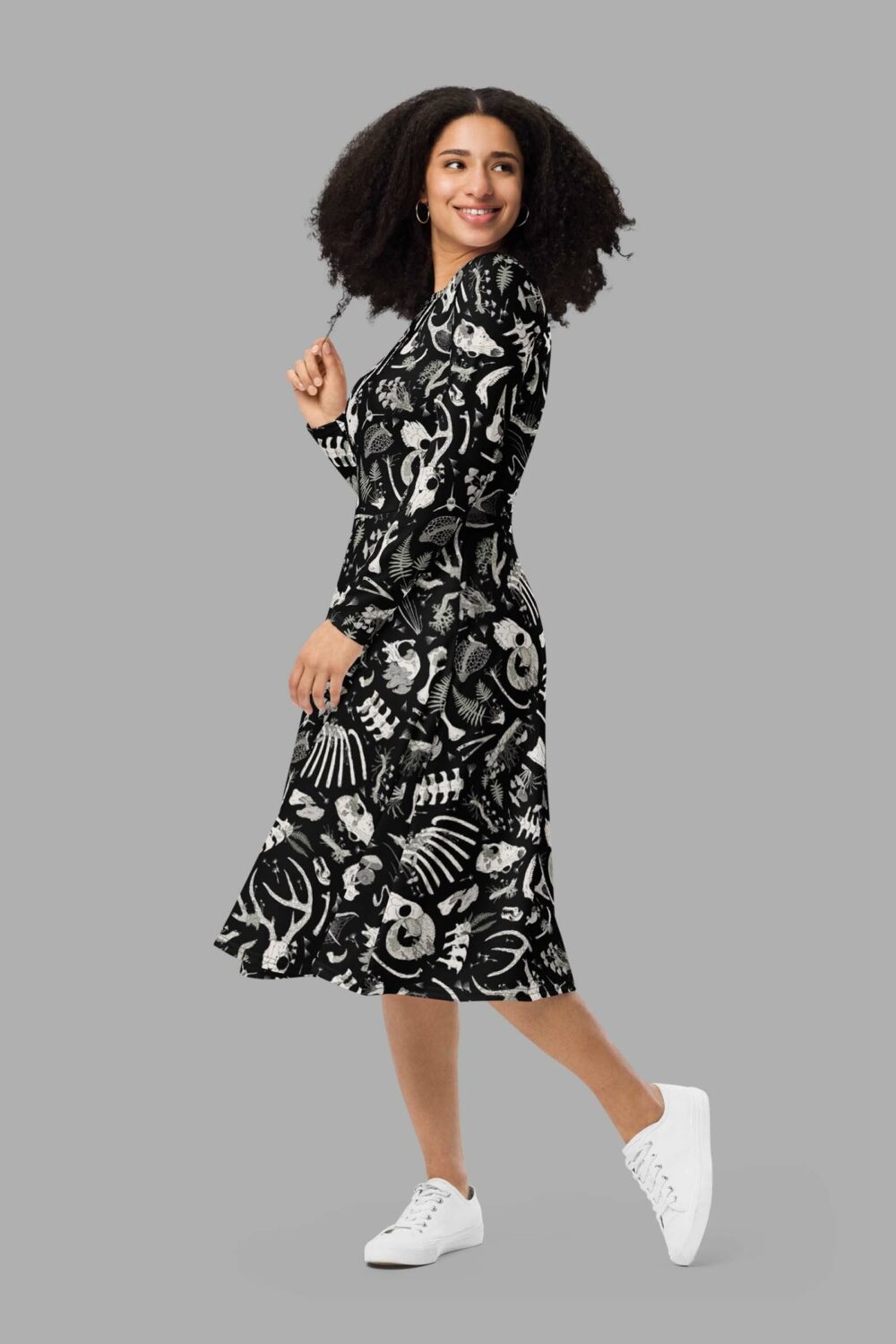 cosmic drifters fungalis print long sleeve midi dress side